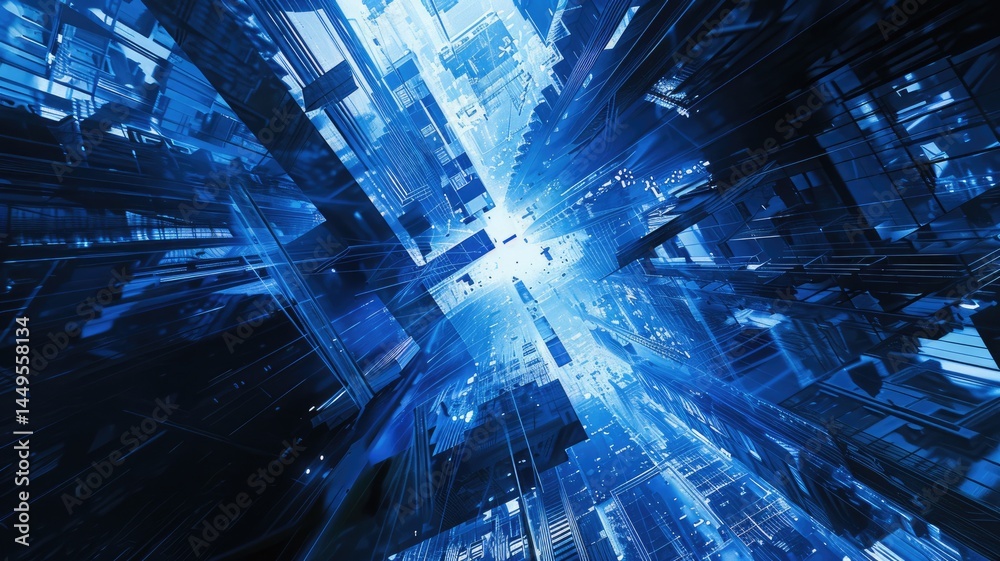 Poster abstract picture of blue light particle with digital technology style design connecting become dynam