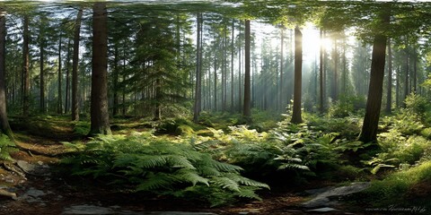 Obraz premium Sunny forest floor, lush ferns and trees, tranquil scene