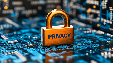 An orange padlock labeled "PRIVACY" is set against a blue digital background, symbolizing data security and privacy protection.