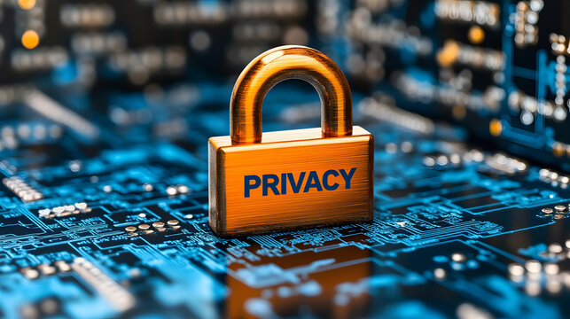 An orange padlock labeled "PRIVACY" is set against a blue digital background, symbolizing data security and privacy protection.