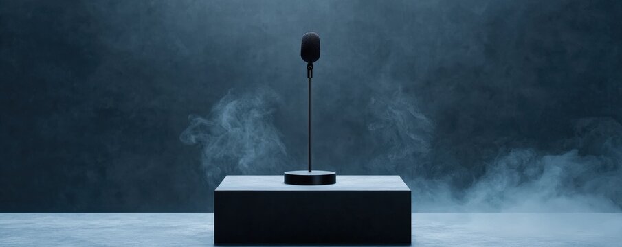 A sleek microphone on a pedestal, surrounded by atmospheric smoke in a studio setting.