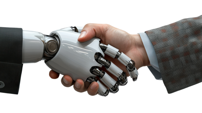 robot handshake with human hand on transparent background