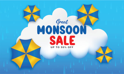 great monsoon season sale banner with umbrella