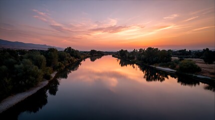 Obraz premium Reflective River Serenity: Tranquil Sunset Over Still Waterscape With Silhouette Trees
