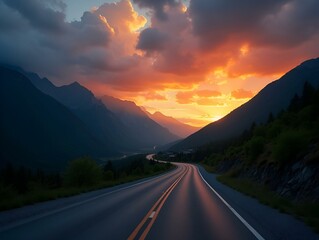 A winding asphalt highway stretching through lush green mountains under a dramatic sunset sky, with vibrant clouds, capturing the beauty of a serene road journey