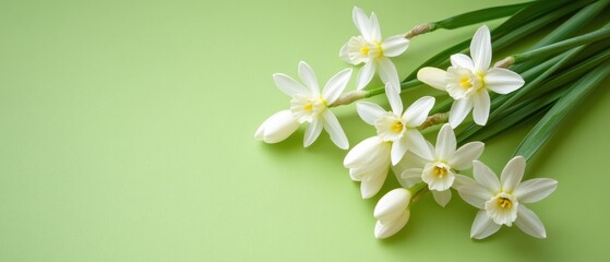 Obraz premium Delicate White Daffodils on Light Green Background with Copy Space for Springtime Greetings