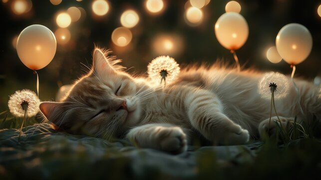 A beige cat with balloons lying on a dandelion fles in the night town. Believe in magic.
