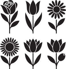 Black Flower Silhouettes Clipart – Rose, Tulip, Sunflower, Daisy & Lotus Vector Set

