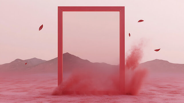 Red rectangular frame above stylized mountains with misty elements