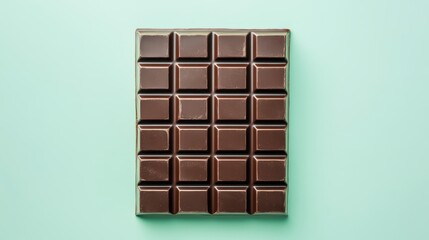 Dark chocolate bar against a mint background.