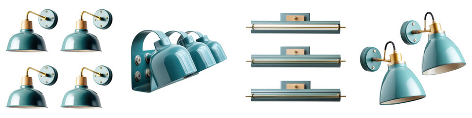 Vintage-style teal and brass lighting fixtures with shelves