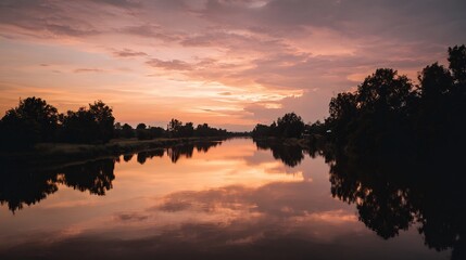 Reflections of a serene sunset over a tranquil river at dusk offering peace