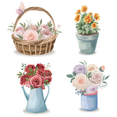 Colorful flowers in vaze or twigs basket Mother's day design Red roses pink flowers