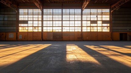 Empty warehouse interior at sunset