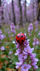 a red beetle with round black dots on a flower in a forest, created with soft lavender tones, subject at the bottom with clear copy space at the top.