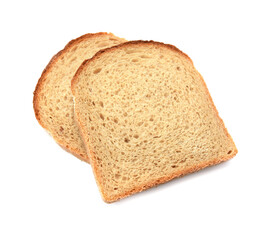 Slices or loaf of wheat bread in toast shape isolated on white view above