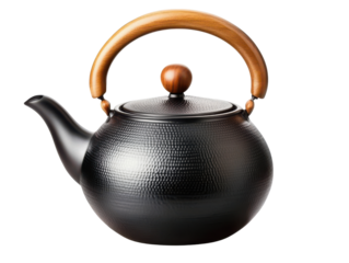 black cast iron teapot with wooden handle on transparent background