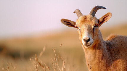 Obraz premium Close up of goat in grassy field, showcasing its curious expression and distinct horns. warm light enhances serene atmosphere