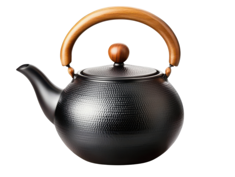 black cast iron teapot with wooden handle on transparent background