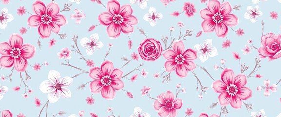 Delicate blue and pink floral seamless pattern, hand-drawn style, vector illustration, spring, summer