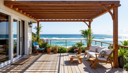 coastal garden terrace patio with wood and fabric accents, sunny day in australia at the beach, subject at bottom with shimmering aqua tones, ample copy space at top.