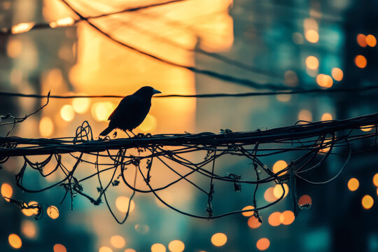 Moody silhouette of a crow perched on tangled wires in a city at sunset, with glowing bokeh lights in the background.