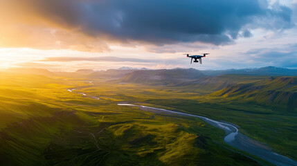 Fototapeta premium Drone flying over lush green landscape at sunset, capturing beauty of nature and technology in harmony