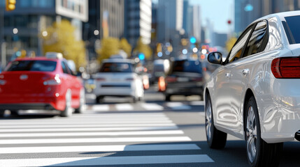 Busy urban street scene featuring cars in traffic, showcasing vibrant city atmosphere with modern buildings and crosswalks
