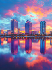 Fototapeta premium Tampa Florida skyline with colorful sunset reflecting in the water, Tampa, Florida, skyline, city, urban, downtown