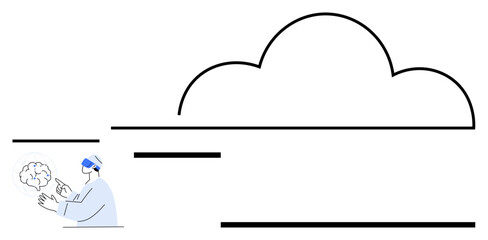 Scientist wearing VR headset interacts with floating cloud hologram. Ideal for innovation, science, research, futuristic technology, cloud computing, virtual reality, creative thinking. Flat simple