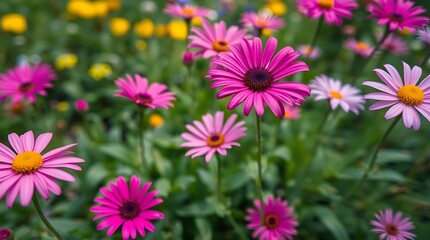 Obraz premium Softly falls the evening dew on Surfinia purple flowers, nature, flower field . Vibrant purple flowers adorned with dew drops, showcasing nature's beauty and freshness.