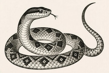 Snake drawing in black and white of a rattlesnake, suitable for tattoos, logos, educational materials, and wildlifethemed designs.
