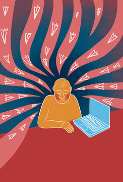 A businessman overwhelmed by an excessive amount of incoming messages