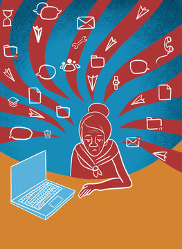 An elderly businesswoman surrounded by a backlog of tasks