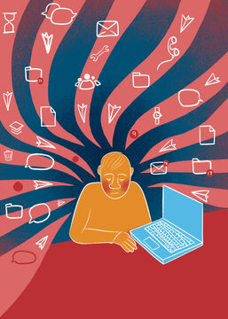 A man surrounded by a backlog of tasks