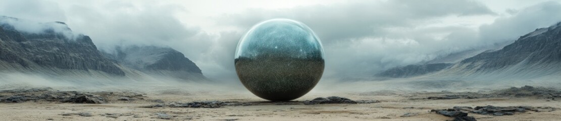 Globose object in desolate mountain landscape; apocalyptic concept art