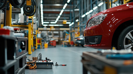 Fototapeta premium Vibrant automotive workshop showcasing red car and diagnostic equipment, highlighting essence of vehicle maintenance and repair