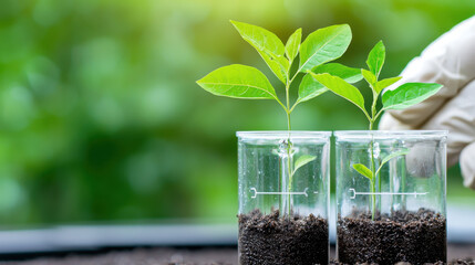 Growing plants in glass containers showcases biotechnology and sustainable practices. vibrant green leaves symbolize hope and innovation