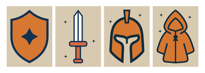 Ancient Artifacts: A collection of emblematic items from a forgotten era. A shield, sword, helmet, and cloak represent the mystique and history of a civilization long gone.