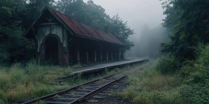 Misty, abandoned train station nestled in a wooded area.