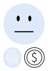 Neutral face at the top, fingerprint below left, and dollar coin below right. Ideal for identity, security, emotions, economy, financial technology, privacy and a simple landing page