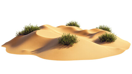 desert landscape with sand dunes and shrubs on transparent background.