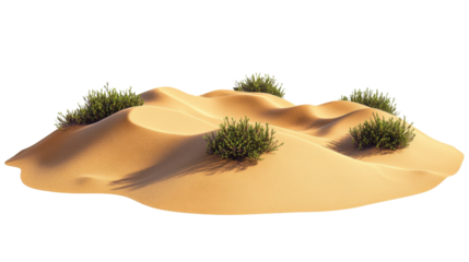 desert landscape with sand dunes and shrubs on transparent background.
