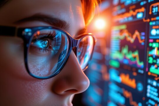 close up of eyes and glasses reflecting puter monitor, cyber security concept, subject on left with copy space on right under glaring beams.
