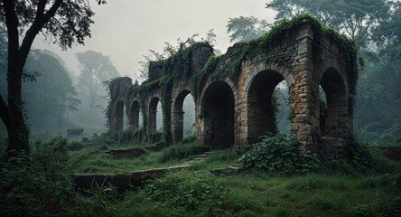 Fototapeta premium “Abandoned village surrounded by overgrown forest”