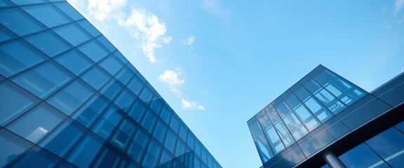 Gleaming modern glass and steel building fragment against a clear sky, detail, lines