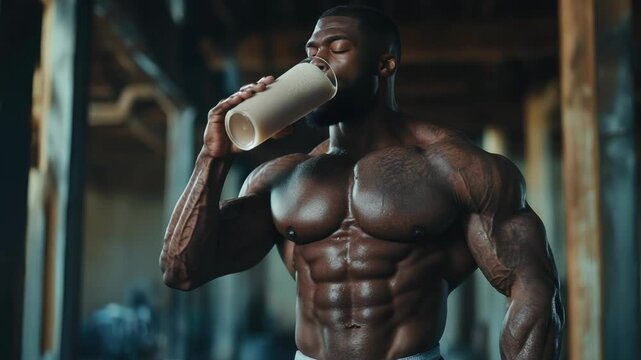 Smiling athletic man in gym environment holding a protein shake, symbolizing post-workout recovery, fitness nutrition, and healthy lifestyle. Bright, energetic lighting highlights muscular build.