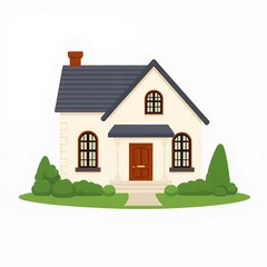 Naklejka premium an image of a small white house with a black roof, there is a small white house with a black roof and a brown door
