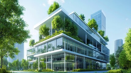 Modern office building uses glass and trees to help the environment. It's eco-friendly and helps lower carbon dioxide in the city. A green place for business.
