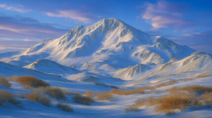 Fototapeta premium Majestic Snow-Capped Mountain: A breathtaking landscape unfolds, featuring a snow-covered mountain peak against a vibrant blue sky adorned with gentle clouds.